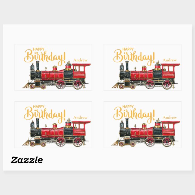 Pegatina rectangular de cumpleaños de tren vintage (Hoja)