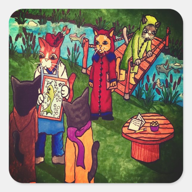 Pegatina rectangular de gato pintador de artista (Anverso)