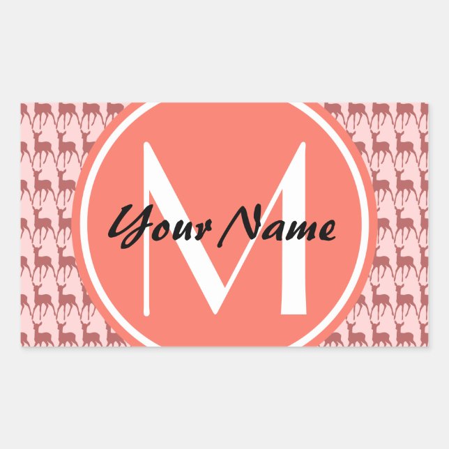 Pegatina Rectangular Deer de salmón rosa monogramado, nombre personaliz (Anverso)