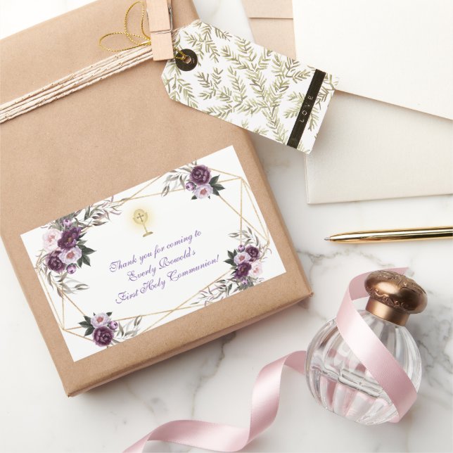 Pegatina Rectangular Delicate Purple Pink Peony Flowers Holy Communion  (Regalar)