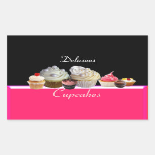 Pegatina Rectangular DELICIOSOS CUPCAKES PARTIDO DE CUMPLEAÑOS, negro r