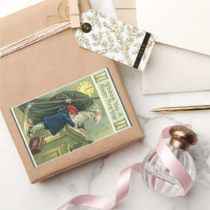 Pegatina Rectangular Deseándole un Feliz Año Nuevo, Padre Tiempo Antigu