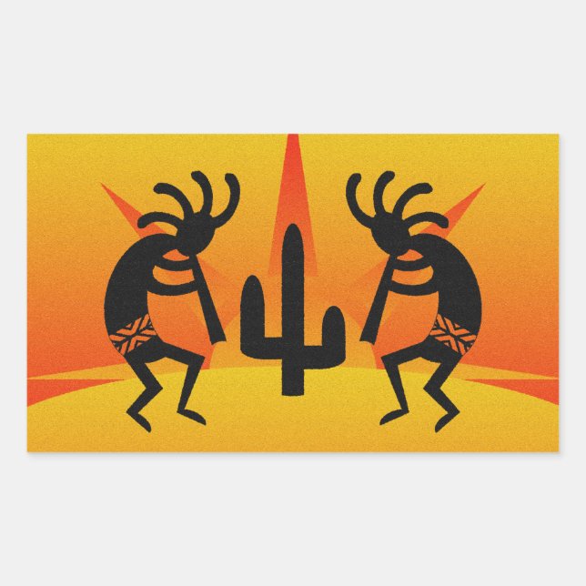 Pegatina Rectangular Desert Sun Cactus Southwest Kokopelli (Anverso)