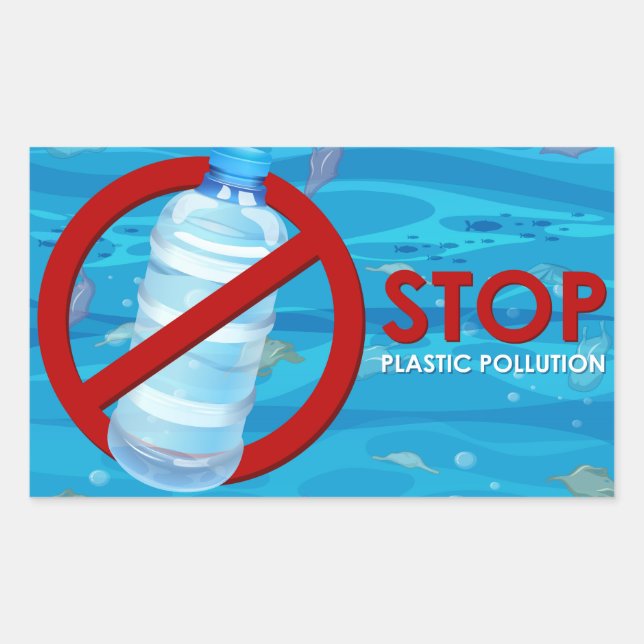 Pegatina Rectangular Detener la contaminación plástica (Anverso)