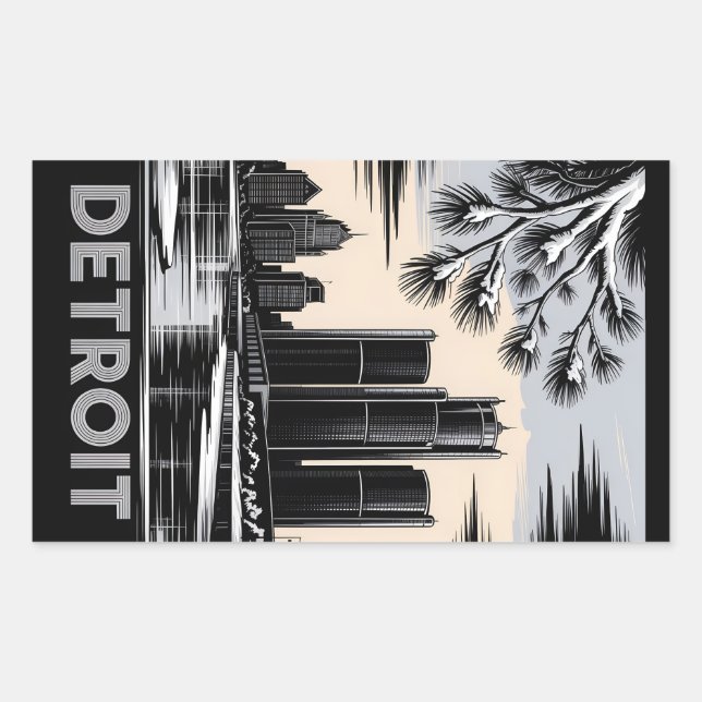 Pegatina Rectangular Detroit Skyline Black and White Woodcut Winter (Anverso)