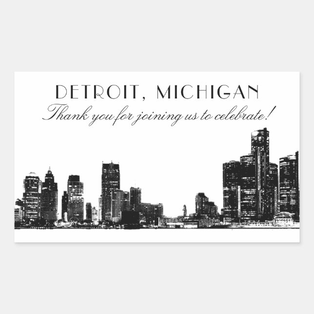 Pegatina Rectangular Detroit Skyline Black Art Deco Boda Gracias (Anverso)