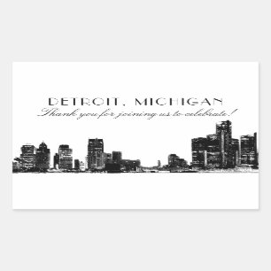 Pegatina Rectangular Detroit Skyline Black Art Deco Boda Gracias