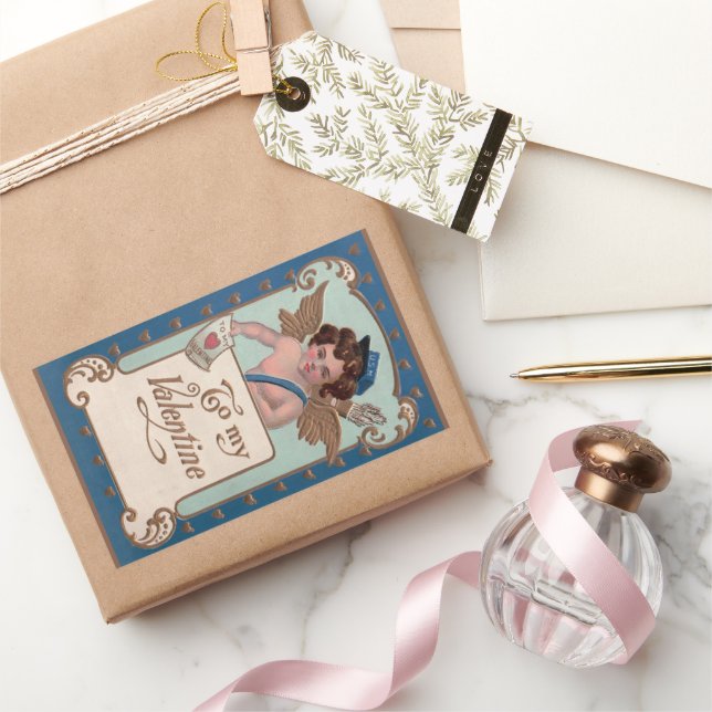 Pegatina Rectangular Día de San Valentín antiguo, Querubín con cartas d (Regalar)