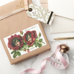 Pegatina Rectangular Día de San Valentín vintage, rostros victorianos e