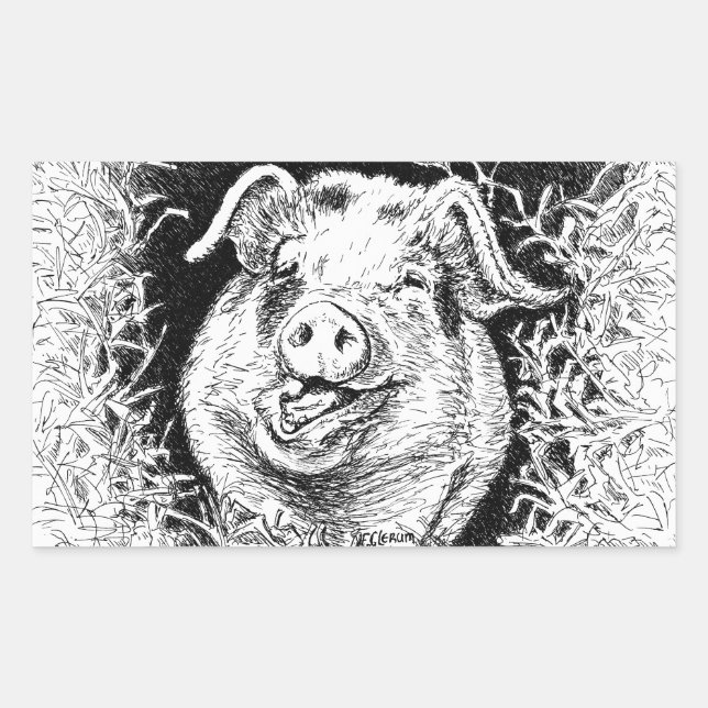 Pegatina Rectangular dibujo alegre de animales de cerdo (Anverso)