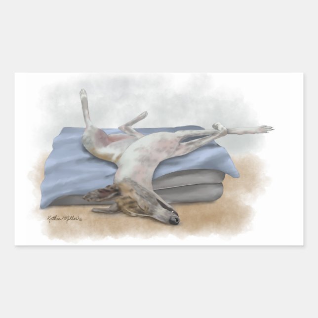 Pegatina Rectangular Dibujo animado divertido de un galgo gris durmiend (Anverso)