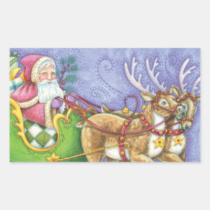 Pegatina Rectangular Dibujo animado lindo Papá Noel trineo reno
