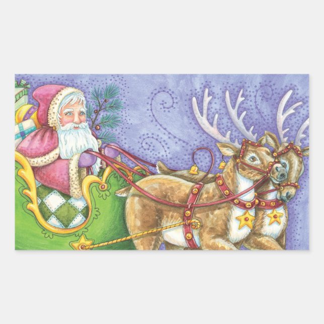 Pegatina Rectangular Dibujo animado lindo Papá Noel trineo reno (Anverso)