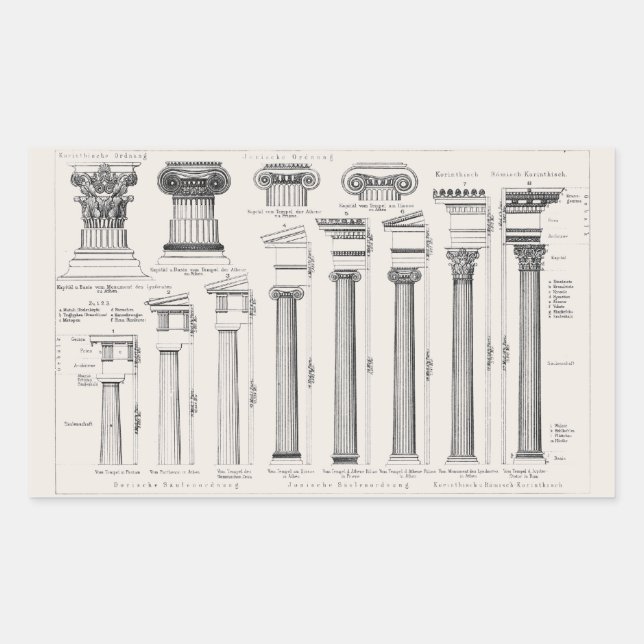 Pegatina Rectangular Dibujo arquitectónico de columnas romanas antiguas (Anverso)