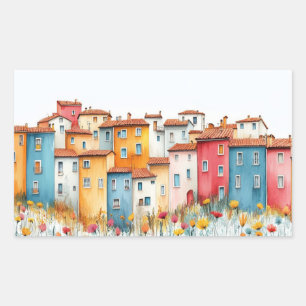 Pegatina Rectangular Dibujo de color de Ilustracion de las casas rurale