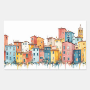 Pegatina Rectangular Dibujo de color de Ilustracion de las casas rurale