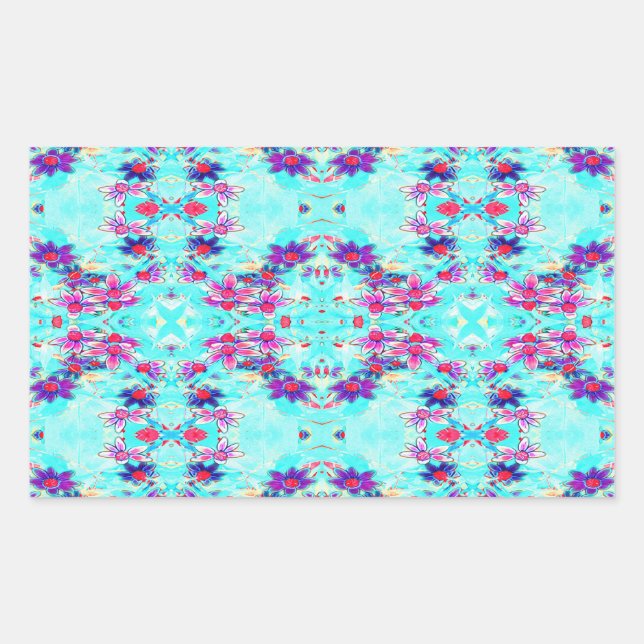 Pegatina Rectangular Dibujo de flores moradas de niña lindo en azul acu (Anverso)