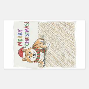 Pegatina Rectangular Dibujo Rústico Vintage de Shiba Inu Navideño Arte 