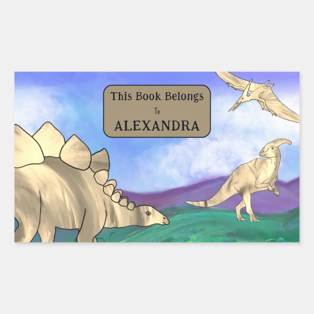 Pegatina Rectangular Dinosaurio Este Libro Pertenece A Nombre Del Niño (Anverso)