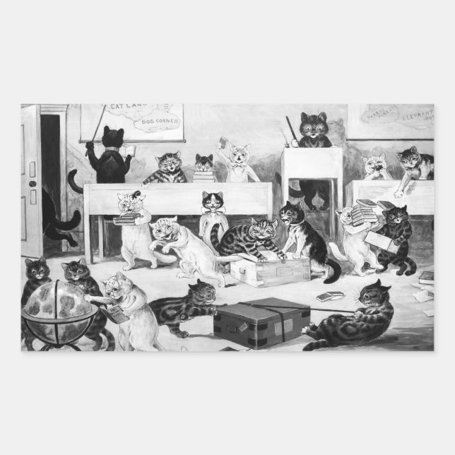 Pegatina Rectangular Disciplina del aula de gatos, Louis Wain (Anverso)