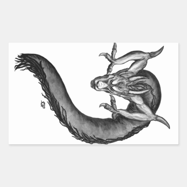 Pegatina Rectangular Diseño blanco y negro de Dragon (Anverso)