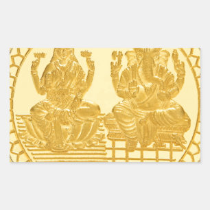 PEGATINA RECTANGULAR DISEÑO DE MONEDAS DE ORO LAKSHMI Y GANESH