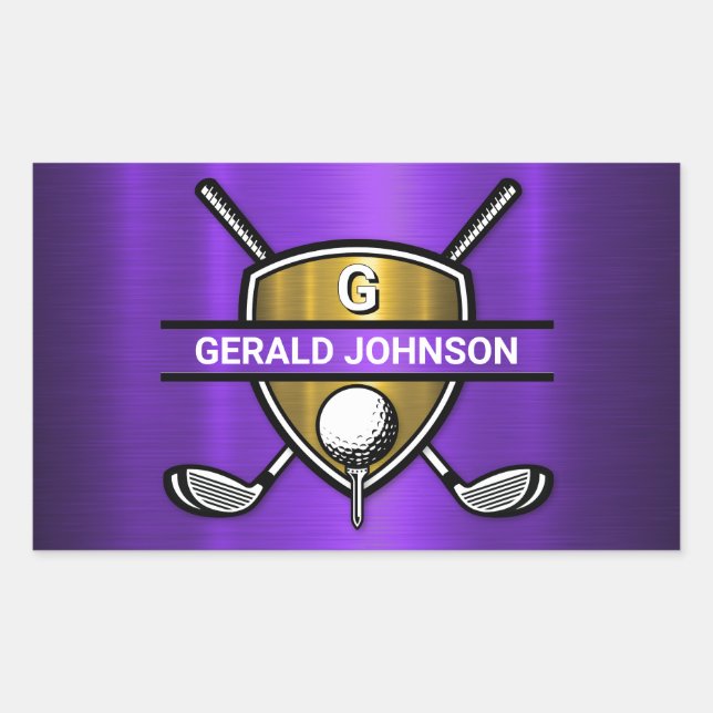 Pegatina Rectangular Diseño de monograma de golf con escudo de oro eleg (Anverso)