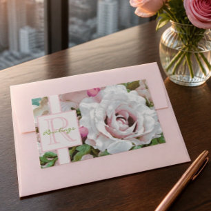 Pegatina Rectangular Diseño floral   Rosa rosa   Monograma
