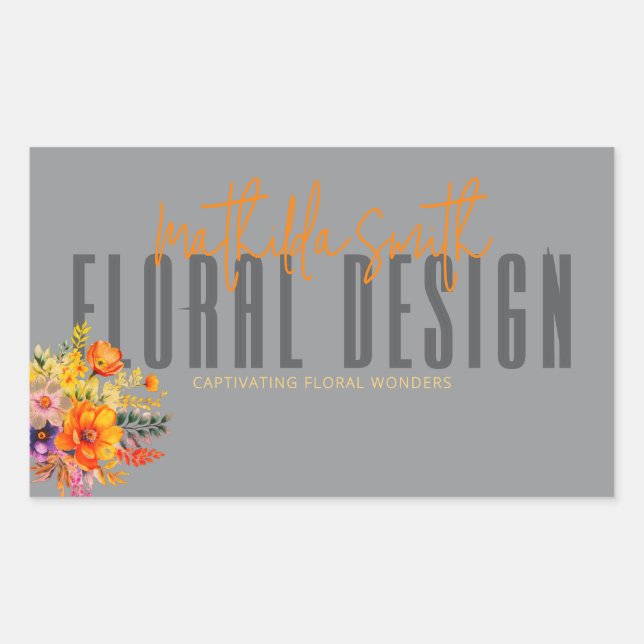 Pegatina Rectangular Diseño floral sofisticado flores grises naranjas (Anverso)