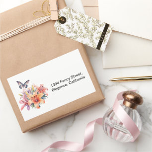 Pegatina Rectangular Diseño Floral y de Mariposa Elegante y Lindo