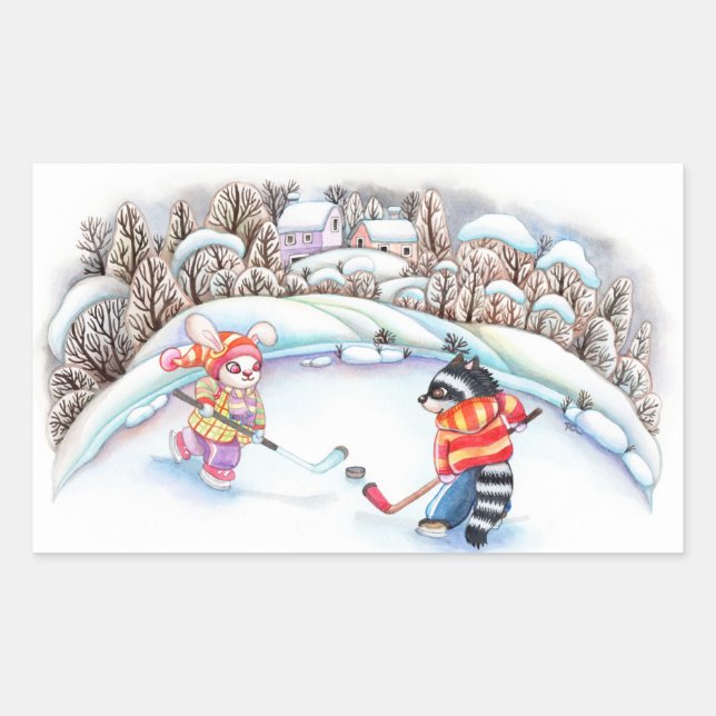 Pegatina Rectangular Diversión de hockey (Anverso)