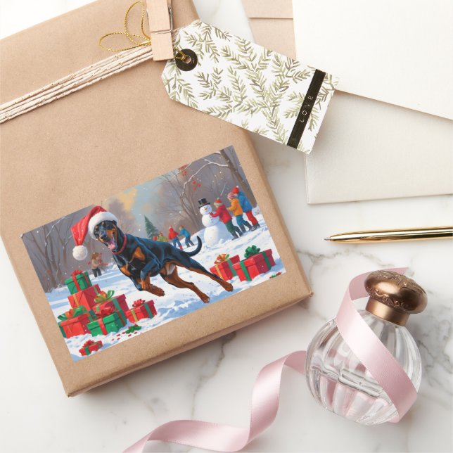 Pegatina Rectangular Doberman corre en Nieve con Gorra Navidad (Regalar)