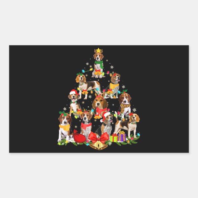 Pegatina Rectangular Dog Lover Regalos Beagle Tree Navidades Light (Anverso)