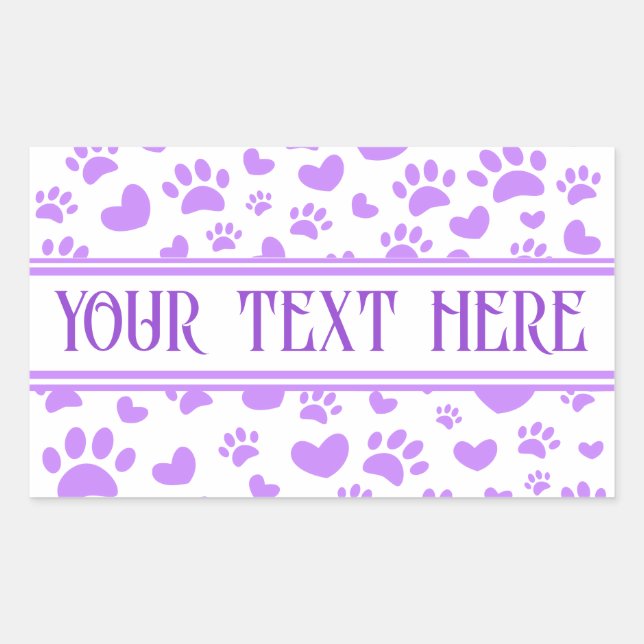 Pegatina Rectangular Dog Paw Print and Hearts Custom Name Purple Pet (Anverso)