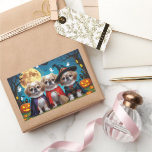 Pegatina Rectangular Dogs pekingeses Calabaza Halloween Graciosa