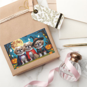 Pegatina Rectangular Dogs pekingeses Calabaza Halloween Graciosa