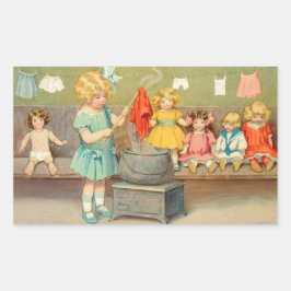 Pegatina Rectangular Dolly Laundry Chica Vintage Jugando Muñecas Cute