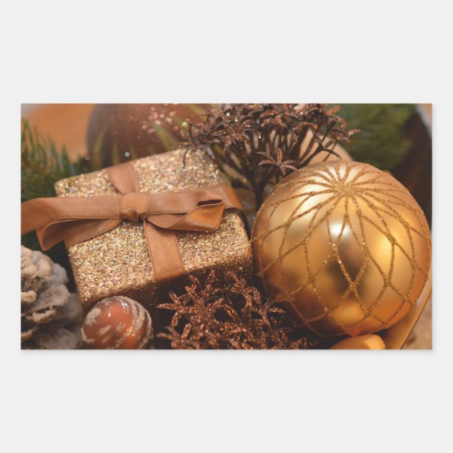 Pegatina Rectangular Dorado Bauble y regalo de Navidad (Anverso)