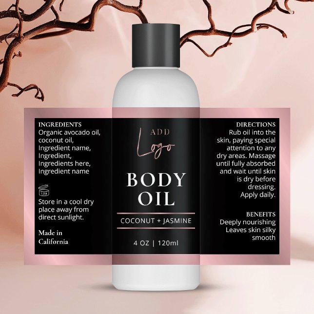 Pegatina Rectangular Dorado negro y Rosa 4 OZ embotellamiento cosmético (Elegant black and faux rose gold border cosmo bottle wrapper label with space for your logo)