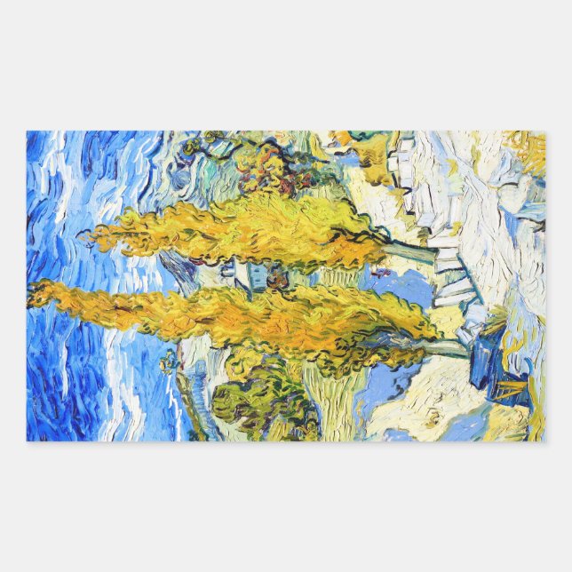 Pegatina Rectangular Dos álamos en la colina Vincent van Gogh (Anverso)