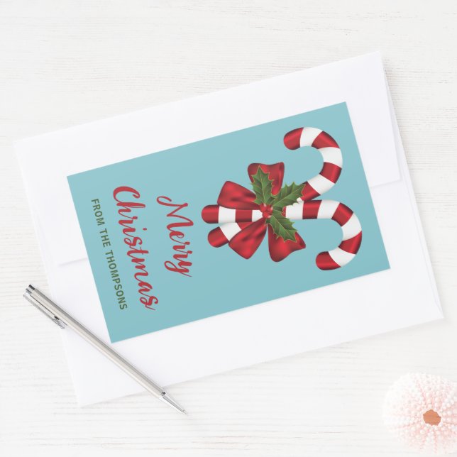 Pegatina Rectangular Dos Caramelos Navideños Festivos Rojos Y Blancos C (Sobre)