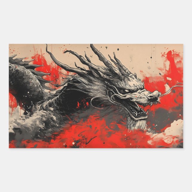 Pegatina Rectangular Dragón chino majestuoso con mancha de tinta roja (Anverso)