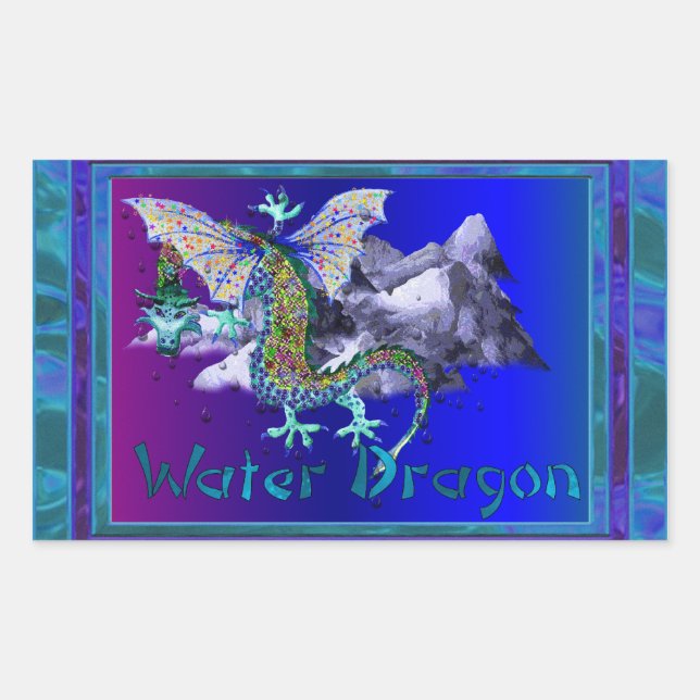 Pegatina Rectangular Dragón de agua (Anverso)