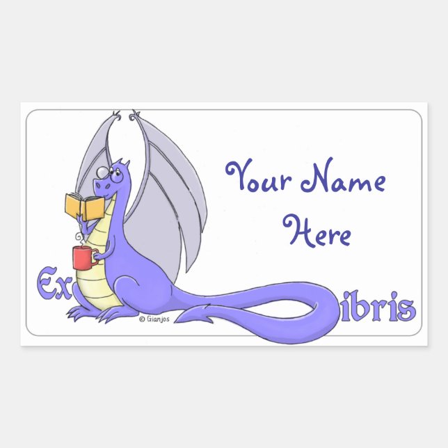 Pegatina Rectangular Dragon leyendo un libro ex libris / bookplate (Anverso)