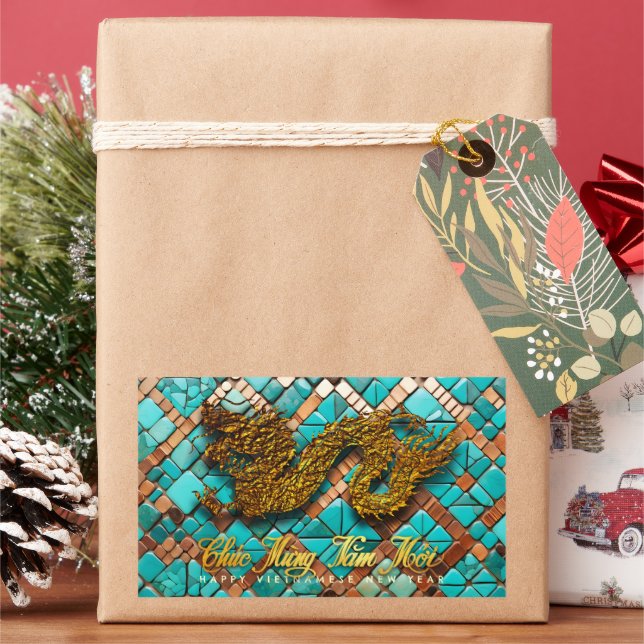 Pegatina Rectangular Dragón vietnamita de oro Año 2024 (Vacaciones)