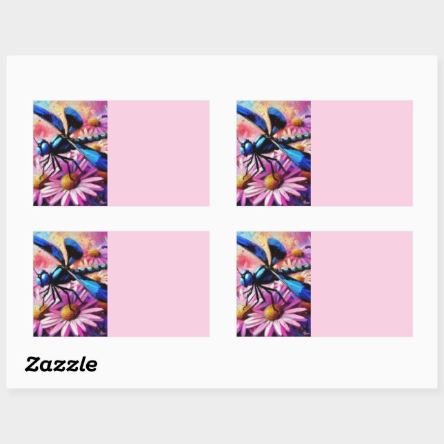 Pegatina Rectangular Dragonfly impresionista sobre la floral de Daisies (Hoja)