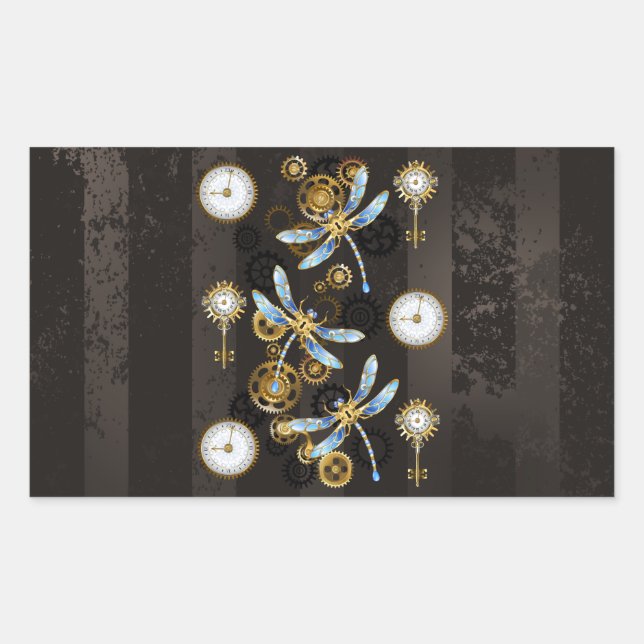 Pegatina Rectangular Dragoniscos de Steampunk sobre fondo rayado marrón (Anverso)