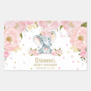 Pegatina Rectangular Ducha de Bebé Elefante Floral Rosa