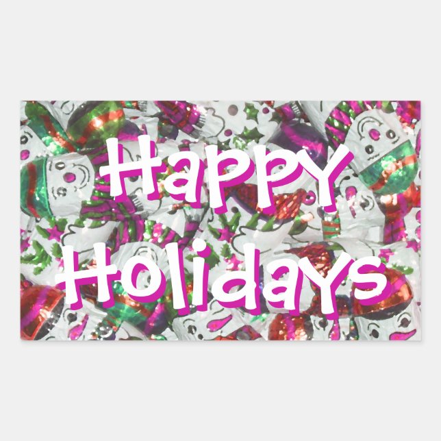 Pegatina Rectangular Dulce Snowmen Pink Happy Holidays rectángulo (Anverso)