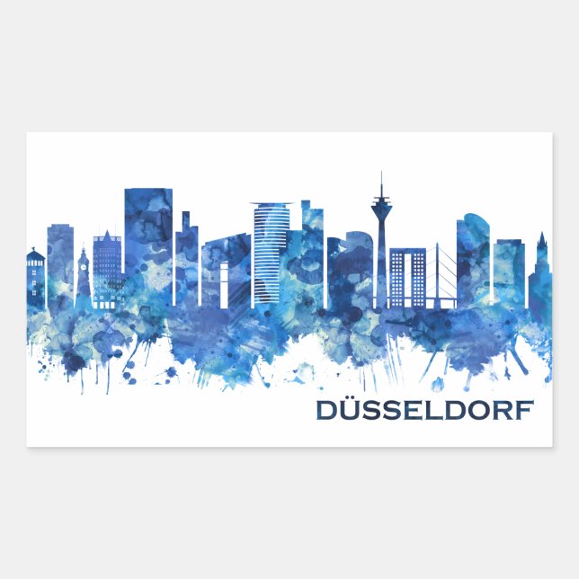 Pegatina Rectangular Dusseldorf Alemania Skyline Blue (Anverso)